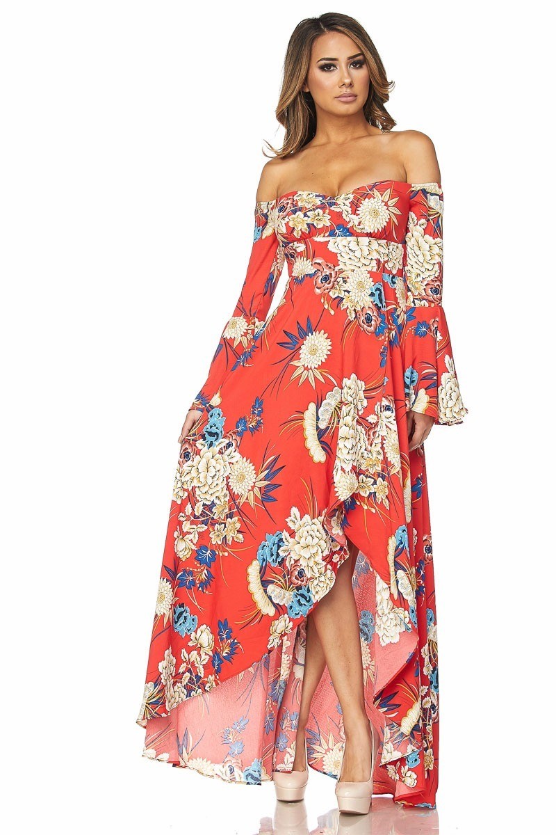 Floral Off The Shoulder Maxi Dress-Red ...